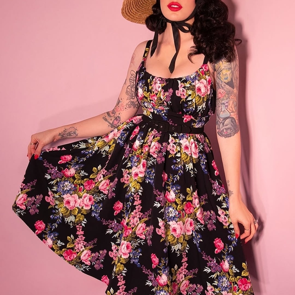 Vixen by Micheline Pitt Black Floral Midi Dress with Pink & Green Bouquet